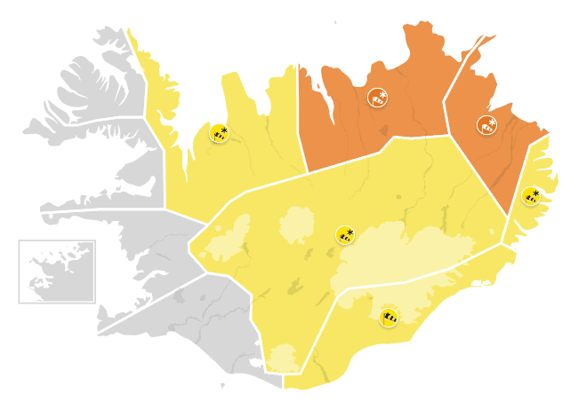 A map of Iceland showing orange alerts in Northeast and east Iceland as well as yellow alerts for northwest Iceland, the eastfjords, southeast Iceland and the central highlands