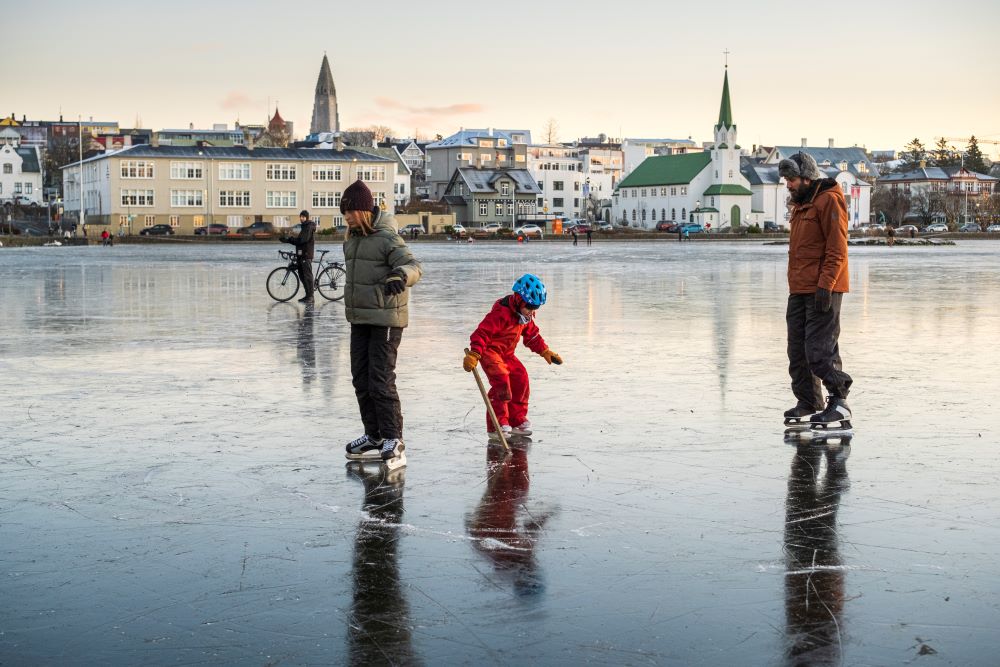 An icy Reykjavík City Pond.