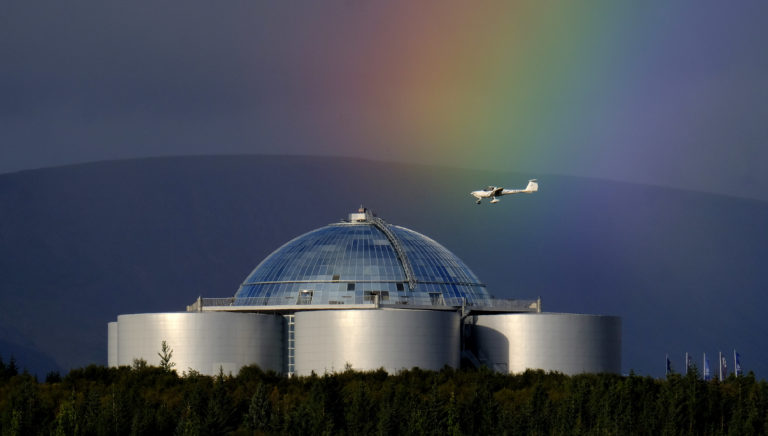 A rainbow over Perlan, one of the museums in Reykjavík