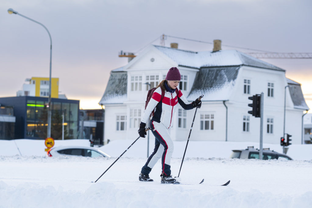 A woman skiing in Reykjavík