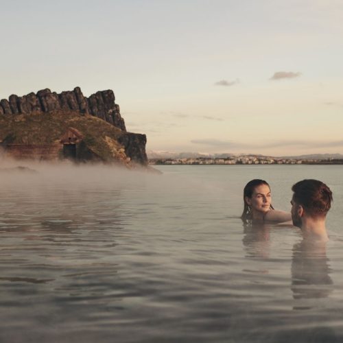 A couple at the Sky Lagoon in Iceland